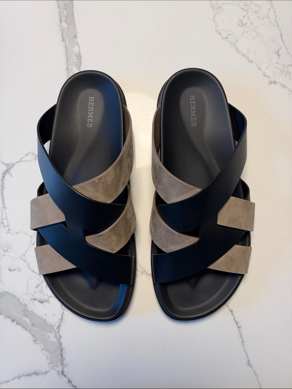 Hermes Men’s Kazmir Sandals in Black and Taupe